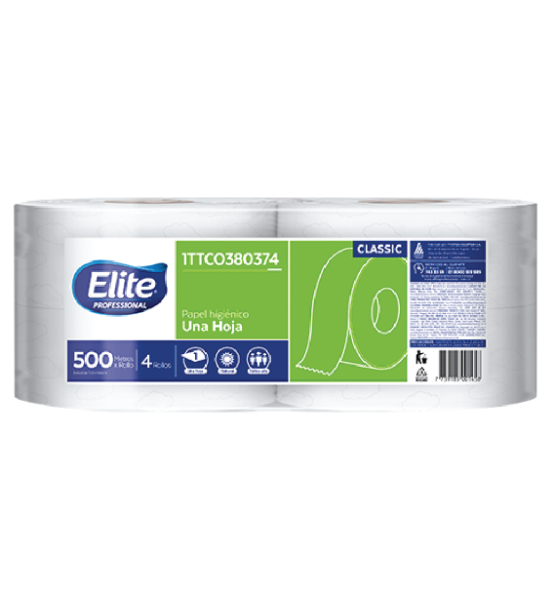 Papel Higiénico Elite Hoja Sencilla Natural 500Mts x 4Rollos