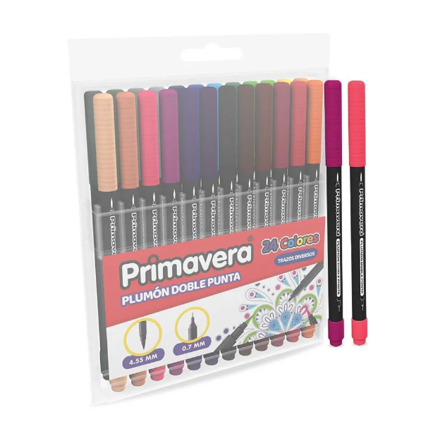 Plumon Primavera Punta Pincel y Punta Fina X 24 Colores