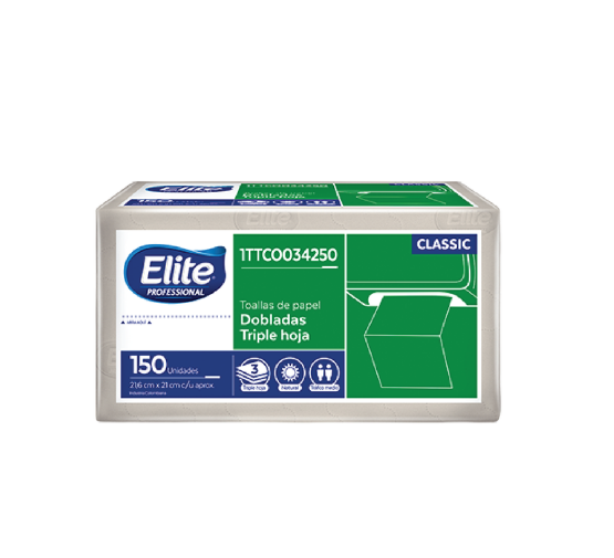 Toalla de Manos Elite Triple Hoja Natural 150 Unidades